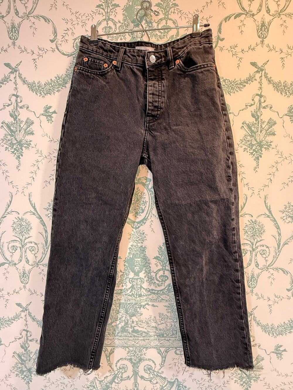 MNG Mango Havana High Rise Straight Leg Raw Hem Washed Black Jeans - Size 4⁠